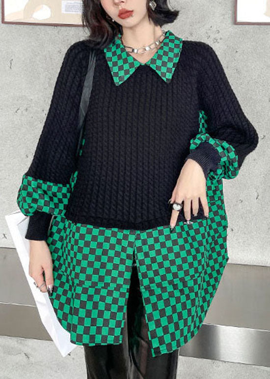 Plus Size grüner Peter Pan-Kragen karierter Patchwork-Strickpullover Frühling