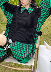 Plus Size grüner Peter Pan-Kragen karierter Patchwork-Strickpullover Frühling