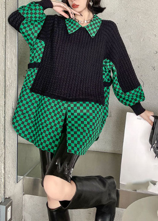 Plus Size grüner Peter Pan-Kragen karierter Patchwork-Strickpullover Frühling