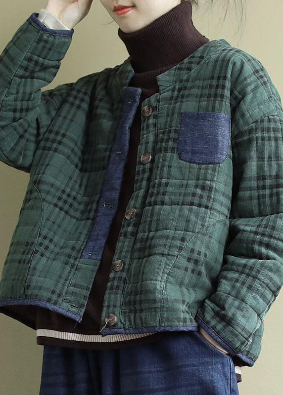 Plus Size Green Plaid Button Patchwork Winter Jackets Long sleeve