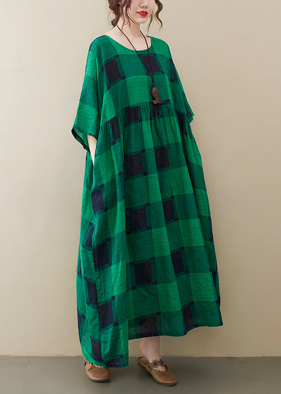 Plus Size Green Plaid O-Neck Pockets wrinkled Long Dresses Half Sleeve