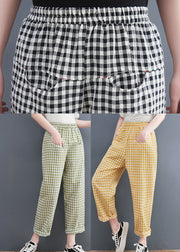 Plus Size Green Plaid elastic waist Plaid Linen Pants Spring