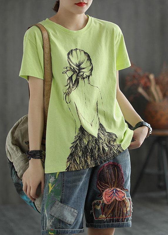 Plus Size Green Print O-Neck Cotton T Shirt Summer - SooLinen