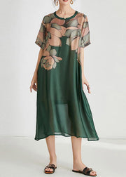 Plus Size Green Print O-Neck Holiday Summer Chiffon Dress - SooLinen