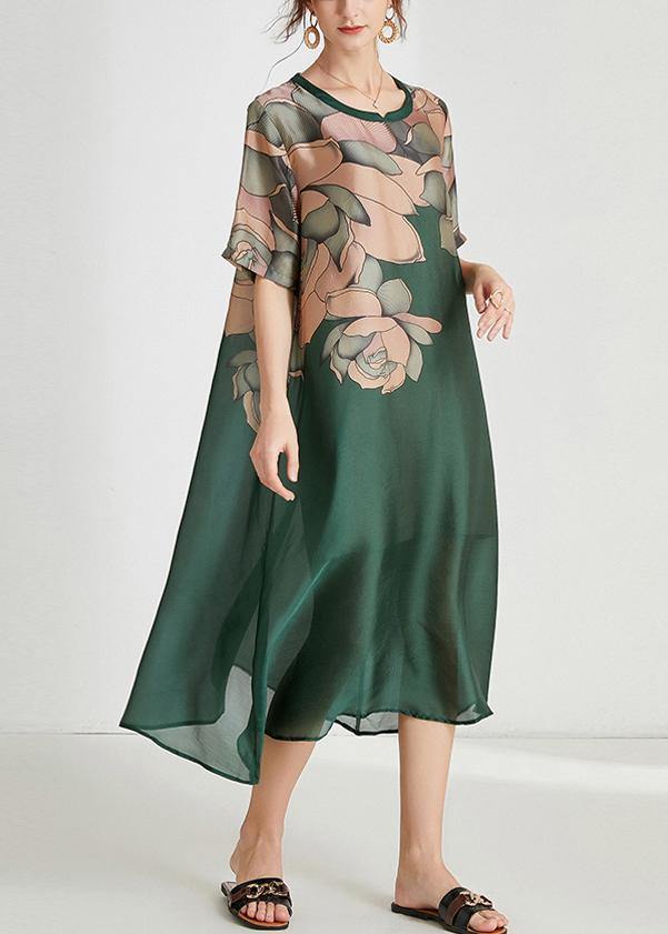 Plus Size Green Print O-Neck Holiday Summer Chiffon Dress - SooLinen