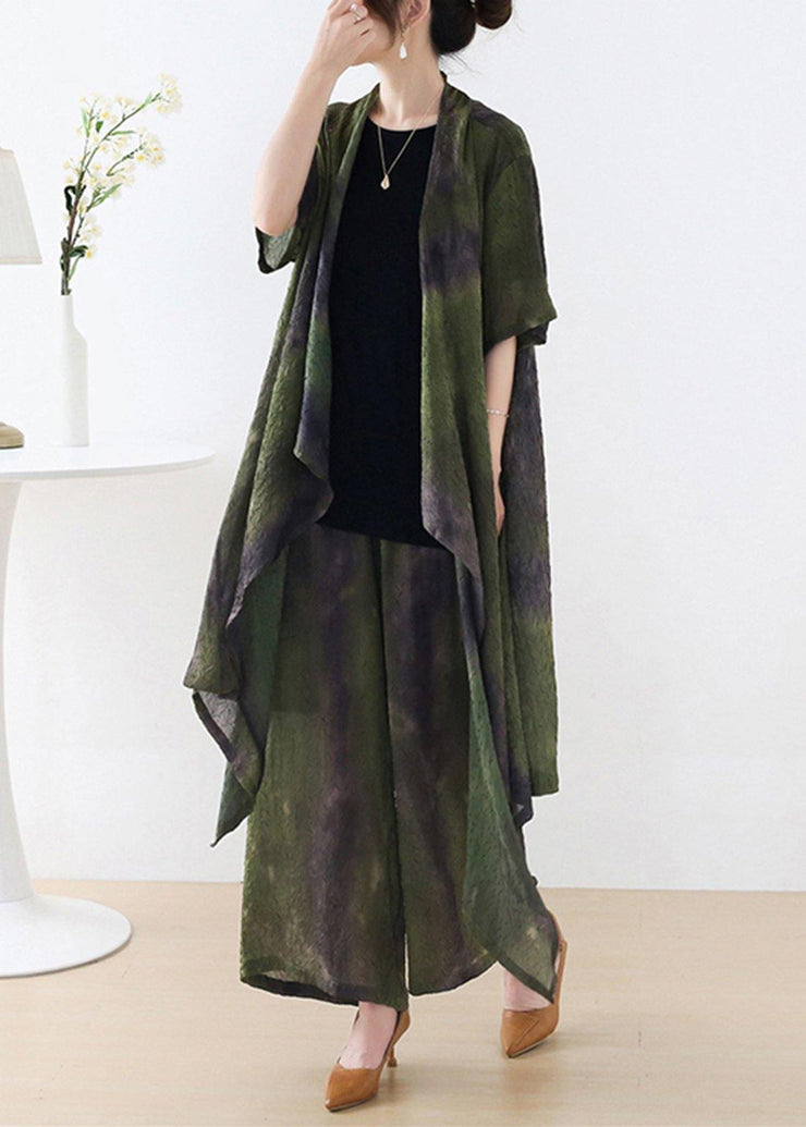 Plus Size Green Silk Blended Tie Dye asymmetrical Wide Leg Design Two Piece Set - SooLinen