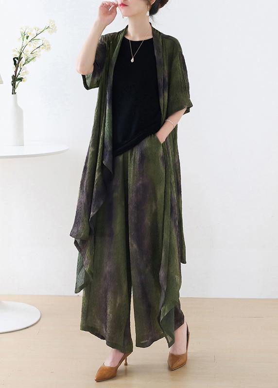 Plus Size Green Silk Blended Tie Dye asymmetrical Wide Leg Design Two Piece Set - SooLinen