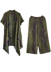 Plus Size Green Silk Blended Tie Dye asymmetrical Wide Leg Design Two Piece Set - SooLinen