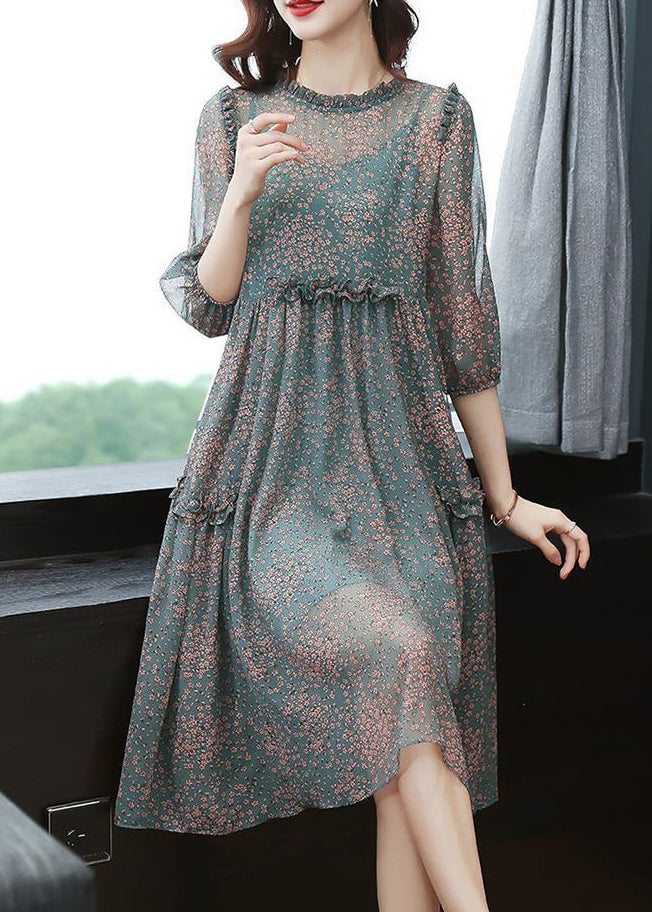 Plus Size Green Stand Collar Ruffled Print Draping Chiffon Dress Bracelet Sleeve