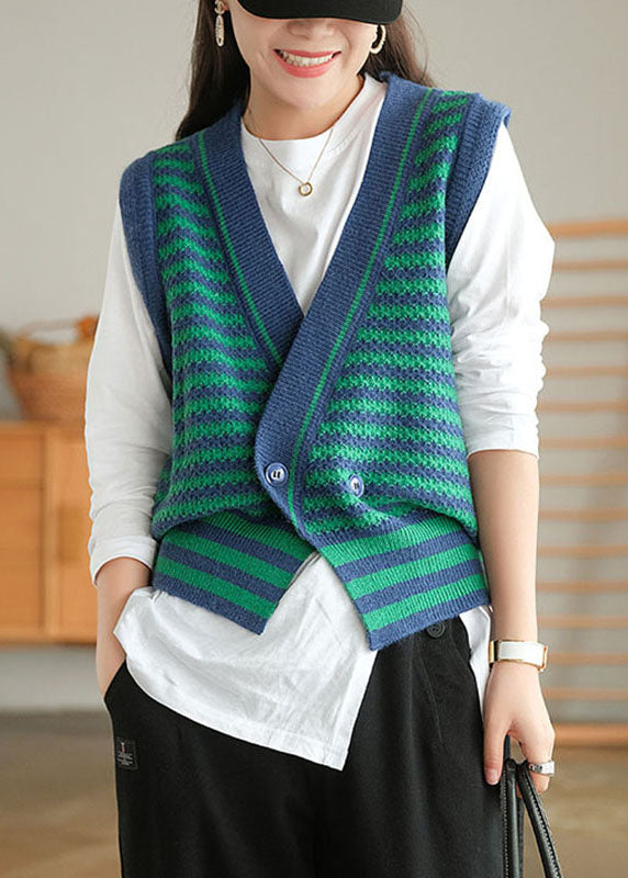 Plus Size Green Striped Button Fall Knit Sleeveless Waistcoat