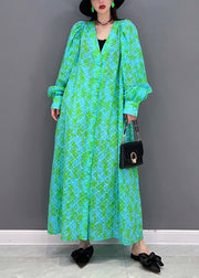 Plus Size Green V Neck Print Button Shirt Dress Long Sleeve