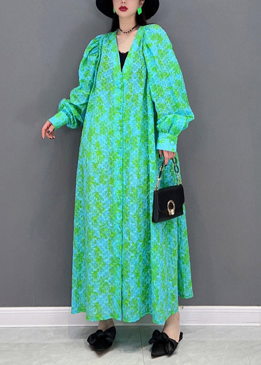 Plus Size Green V Neck Print Button Shirt Dress Long Sleeve