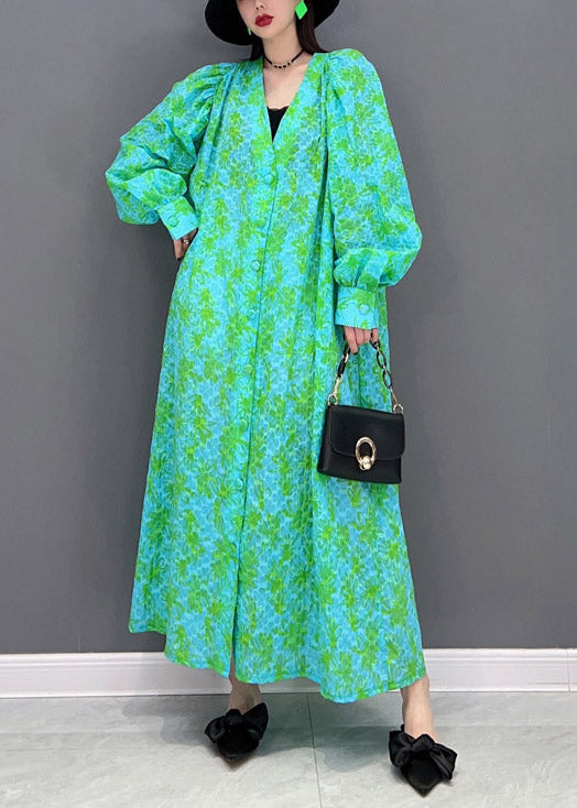 Plus Size Green V Neck Print Button Shirt Dress Long Sleeve