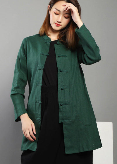 Plus Size Green low high design Chinese Button Spring Shirt Tops - SooLinen