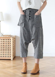 Plus Size Grey Asymmetrical Design Pockets Cotton Crop Pants - SooLinen