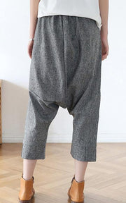 Plus Size Grey Asymmetrical Design Pockets Cotton Crop Pants - SooLinen