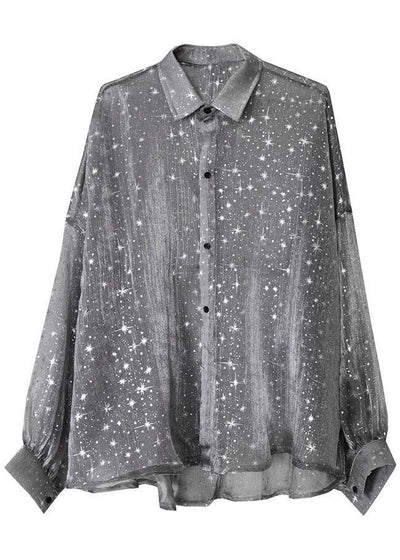 Plus Size Grey Print Peter Pan Collar Button Blouse Top - SooLinen