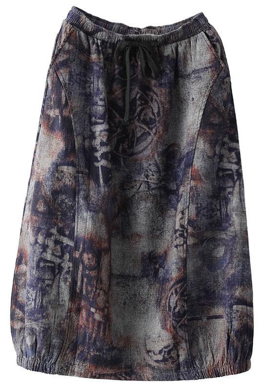 Plus Size Grey Purple Retro Print A Line Pockets Fall Skirts - SooLinen