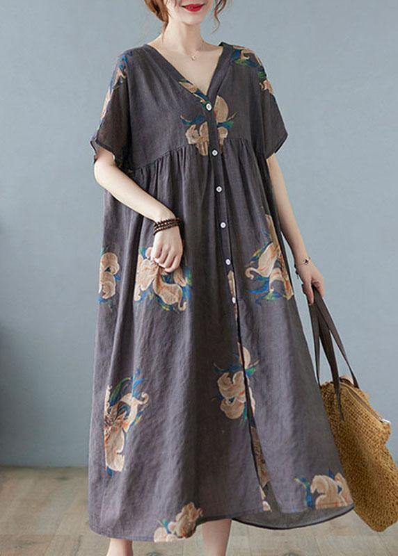 Plus Size Grey Retro Button Summer Print Half Sleeve Maxi Dress - SooLinen