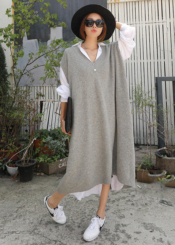 Plus Size Grey V Neck Knit Long Dress Short Sleeve