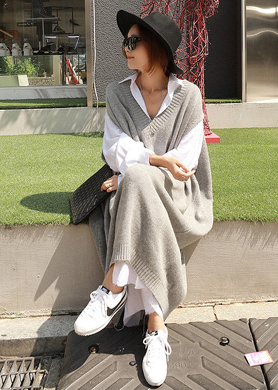 Plus Size Grey V Neck Knit Long Dress Short Sleeve