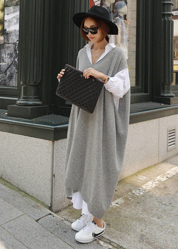 Plus Size Grey V Neck Knit Long Dress Short Sleeve