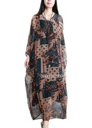 Plus Size Khaki Blue V Neck Print Pockets Tie Waist Chiffon Dress Three Quarter Sleeve