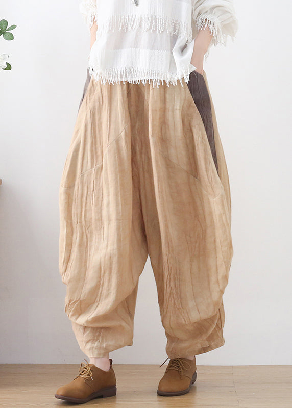 Plus Size Khaki Elastic Waist Wrinkled Patchwork Linen Harem Pants Summer