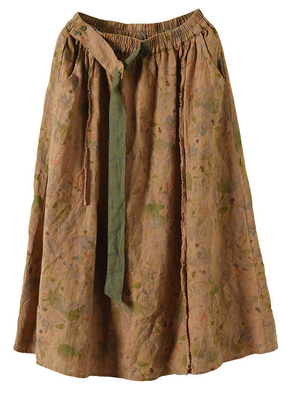 Plus Size Khaki Patchwork Sashes Linen Skirt Summer