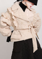 Plus Size Khaki PeterPan Collar Button Ruffled tie Waist Winter Cotton Long sleeve Coat