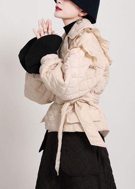 Plus Size Khaki PeterPan Collar Button Ruffled tie Waist Winter Cotton Long sleeve Coat