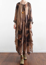 Plus Size Khaki Print asymmetrical design Long Summer Chiffon Dress - SooLinen