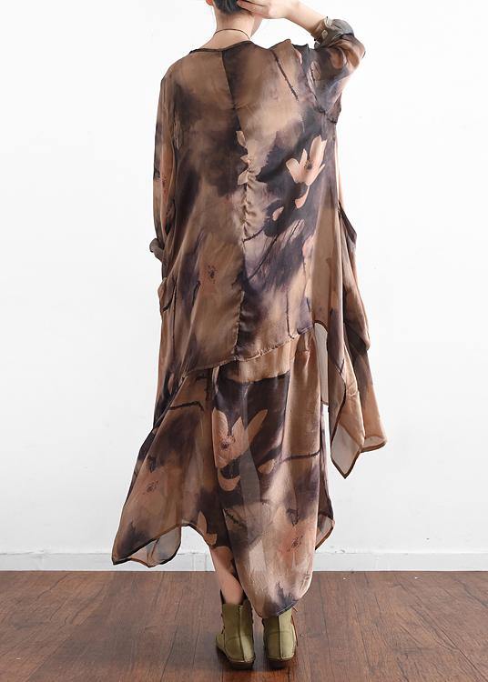 Plus Size Khaki Print asymmetrical design Long Summer Chiffon Dress - SooLinen