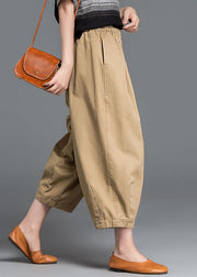 Plus Size Khaki Solid Elastic Waist Pockets Cotton Harem Pants Summer