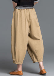 Plus Size Khaki Solid Elastic Waist Pockets Cotton Harem Pants Summer