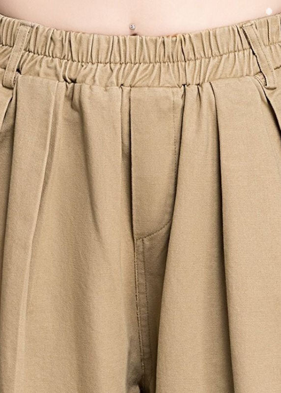 Plus Size Khaki Solid Elastic Waist Pockets Cotton Harem Pants Summer