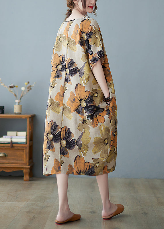 Plus Size Khaki V Neck Print Long Dress Short Sleeve