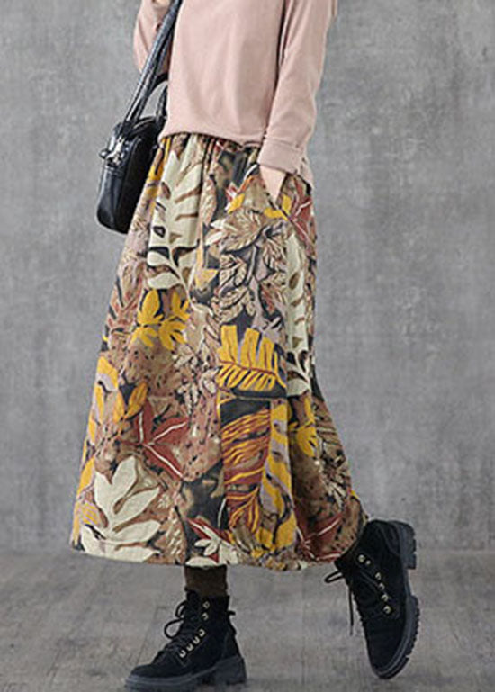 Plus Size Khaki pockets print A Line Skirts Spring