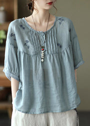 Plus Size Light Blue Grey Button Linen Tops Half Sleeve