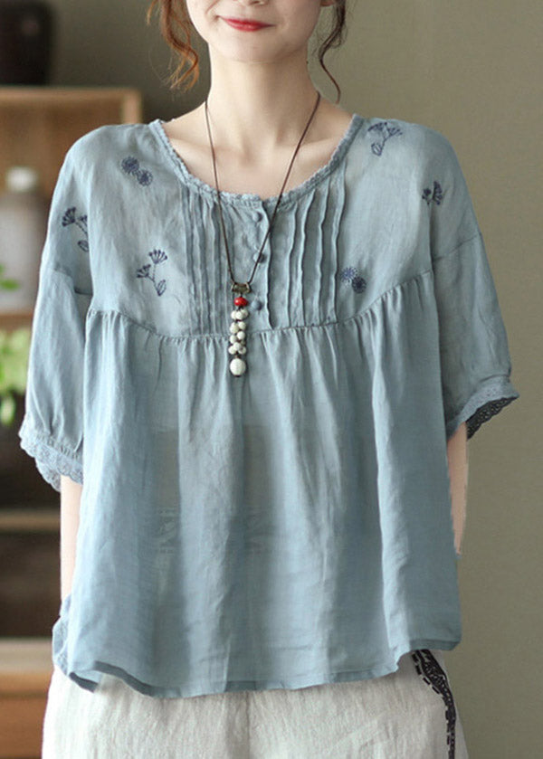 Plus Size Light Blue Grey Button Linen Tops Half Sleeve