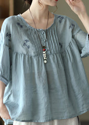 Plus Size Light Blue Grey Button Linen Tops Half Sleeve