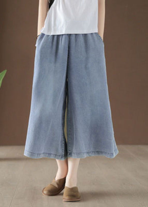 Plus Size Light Blue High Waist Draping Cotton Denim Wide Leg Pants Summer