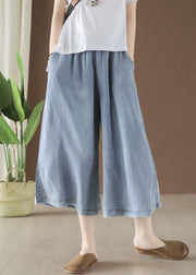 Plus Size Hellblaue Hose mit weitem Bein und hoher Taille, drapierter Baumwoll-Denim, Sommer