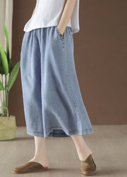 Plus Size Light Blue High Waist Draping Cotton Denim Wide Leg Pants Summer