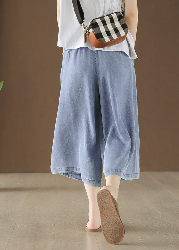 Plus Size Light Blue High Waist Draping Cotton Denim Wide Leg Pants Summer