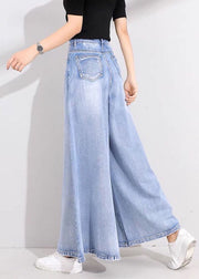 Plus Size Light Blue High Waist Pockets Cotton Flare Pants Skirt Summer