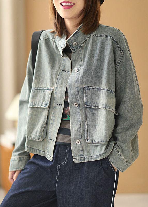 Plus Size Light Blue Pockets Button Fall Denim Long Sleeve Coat - SooLinen