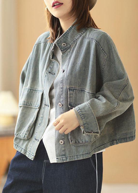 Plus Size Light Blue Pockets Button Fall Denim Long Sleeve Coat - SooLinen