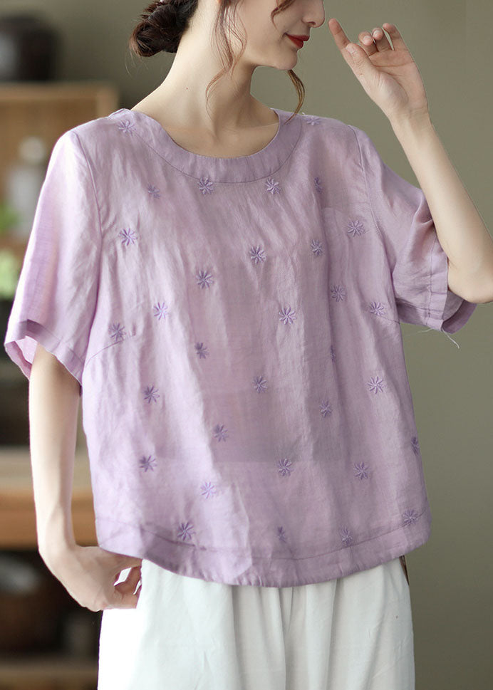 Plus Size Light Purple Embroideried Linen Shirts Short Sleeve