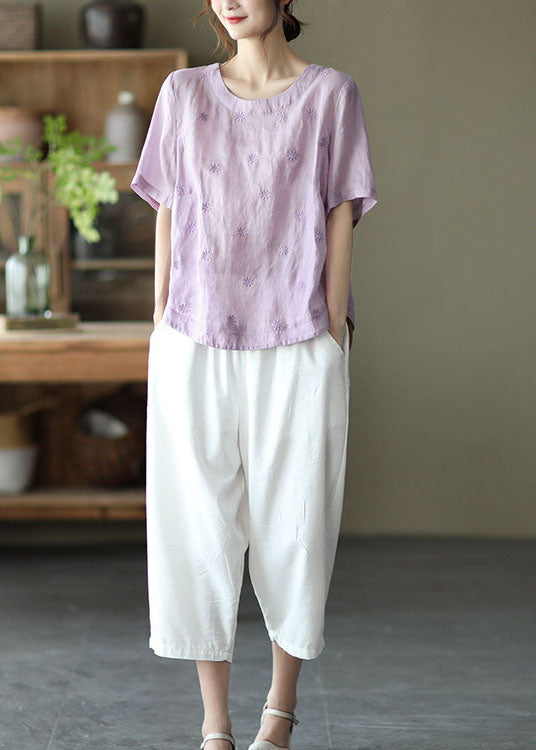 Plus Size Light Purple Embroideried Linen Shirts Short Sleeve